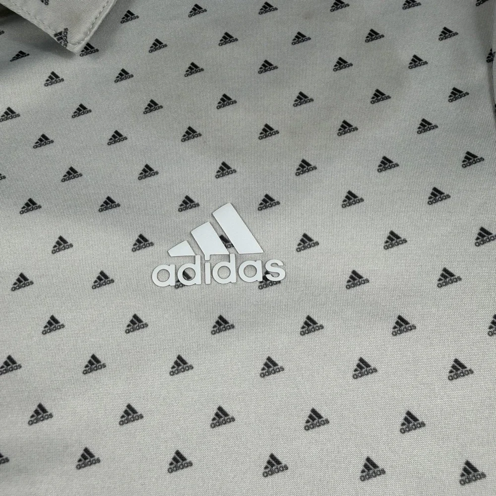 Adidas Golf Polo Shirt Mens Medium Dot Print Gray All Over Print Logo 3 Btn Plkt